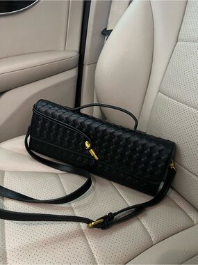 Black Woven Leather Shoulder Bag Clutch with Gold Hardware Andimo